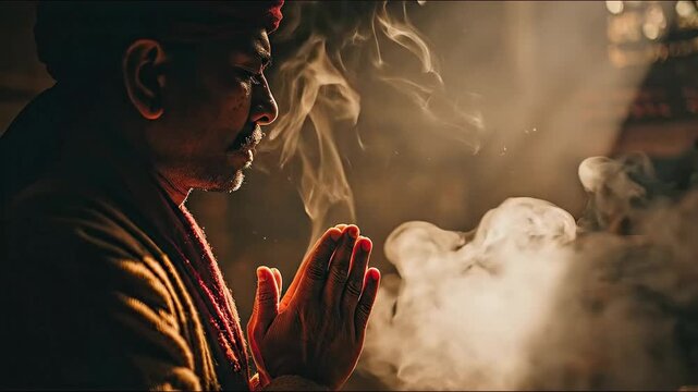 Spiritual man praying with namaste hands amidst incense smoke and dramatic lighting in a temple