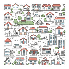 Seamless Line Art Pattern of Houses, Town Buildings, and Neighborhood Infrastructure. Urban Community Icon Set Illustration.