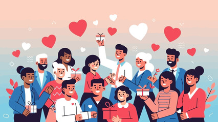Diverse group of happy people exchanging gifts and showing appreciation with hearts floating in the background, symbolizing generosity and community.