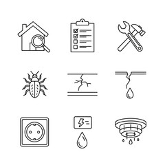 Home Inspection and Repair Services Line Icons Set. Property Maintenance Checklist, Damage, Leak, Pest Control, Electrical Safety, and Fire Detector Symbols