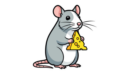 Obraz premium Cute cartoon mouse holding a slice of yellow cheese. Adorable rodent character with food, isolated on white.