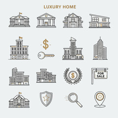 Real Estate and Luxury Property Icons Set. Houses, Commercial Buildings, Investment, Finance, Security, and Transaction Outline Symbols.