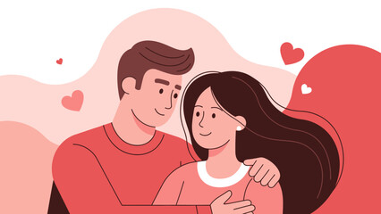 Obraz premium A loving couple embracing with hearts in a romantic flat illustration style.