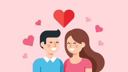A happy cartoon couple smiling with a large red heart above them, surrounded by smaller hearts on a pink background, symbolizing love and affection.