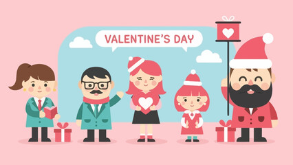 Cartoon illustration of diverse people celebrating Valentine's Day with gifts, hearts, and festive attire on a pink background.