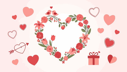 Romantic illustration featuring a large heart-shaped floral arrangement of roses and tulips, surrounded by smaller hearts, lovebirds, and a present, on a gentle pink background.