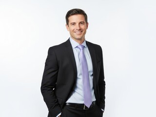 A smiling young professional man in a black suit and purple tie isolated on white background
