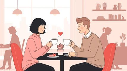 An illustration of a young couple on a romantic date in a cozy cafe, enjoying coffee and conversation.