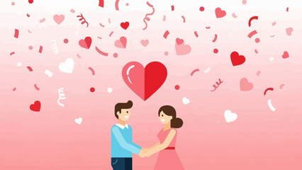 A loving couple holding hands under a shower of hearts and confetti, symbolizing romance and celebration.