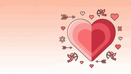 A vibrant pink and red heart illustration surrounded by romantic symbols like cupids, arrows, and smaller hearts, set against a soft gradient background.