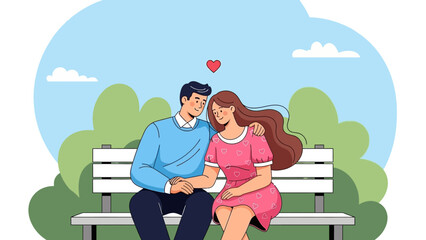 A loving couple sitting on a park bench, holding hands and embracing under a clear sky, symbolizing romance and affection.