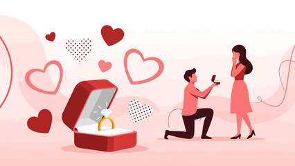 A man proposes to a woman with an engagement ring, surrounded by hearts in a romantic setting.