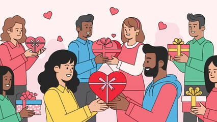 Diverse group of people exchanging heart-shaped and wrapped gifts, celebrating love and community.