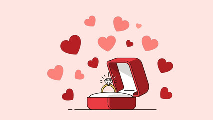 Romantic illustration of a sparkling diamond engagement ring in an open red box, surrounded by numerous floating hearts on a soft pink background, symbolizing love and proposal.