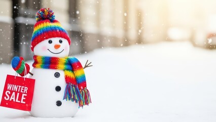 Cute Snowman Winter Sale Advertising Background with Copy Space