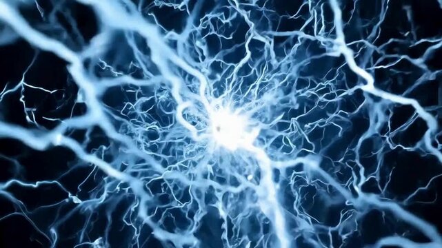 Blue Plasma Lightning Storm. Intense electric energy ball exploding with power in a dark void.