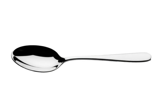 A pristine silver tablespoon, highly polished with a mirror-like reflective surface, centered horizontally against a seamless transparent studio background. Concept of minimalist elegance and utility