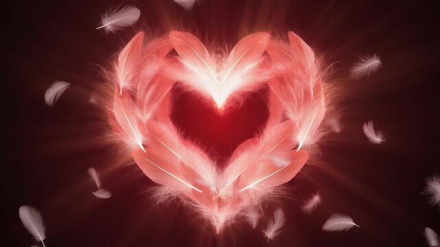 A luminous heart shape formed from soft, delicate feathers, radiating a warm, gentle glow against a dark background, symbolizing love and purity