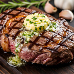 Grilled steak with compound butter and herbs on a plate