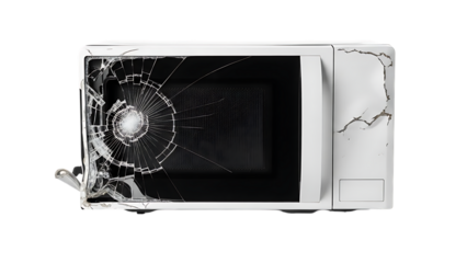 Damaged white microwave with cracked screen and broken glass isolated on a transparent background shattered glass