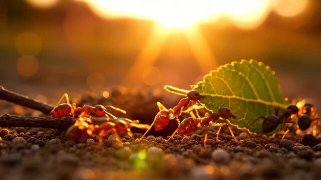 A group of red ants carry a green leaf under the bright sunlight. The red ants work together diligently while the sun sets in the background.