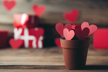 Red paper hearts growing in a small pot with blurred gift boxes and floating hearts on a rustic wooden background