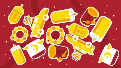Red background featuring lanterns travel cars prayer beads and candles stickers