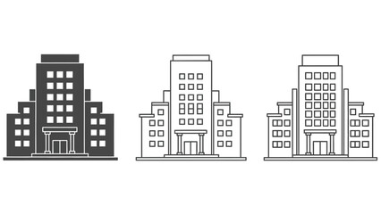 Obraz premium Three stylized illustrations of a multi-story building facade.