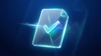 Digital Document Verification, a secure glowing glass file icon with a checkmark on a futuristic blue background.