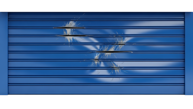 Damaged blue metal shutter with broken slats isolated on a transparent background - Powered by Adobe