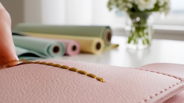 Hands Skillfully Embroidering Pink Leather With Needle and Gold Thread