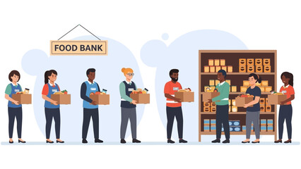 Diverse volunteers distributing food boxes at community food bank