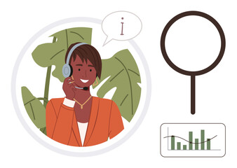 Customer service, analytics insights, business communication, support solutions, inquiry management, information services. A friendly ative with a headset and speech bubble. Customer service © robu_s