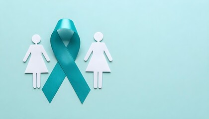 A woman stands beside a teal ribbon on a blue background, symbolizing empowerment and support for sexual assault awareness