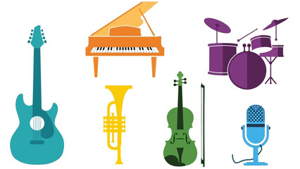 Naklejka premium Musical Instruments Collection: Guitar, Piano, Drums, Violin, Trumpet, Microphone