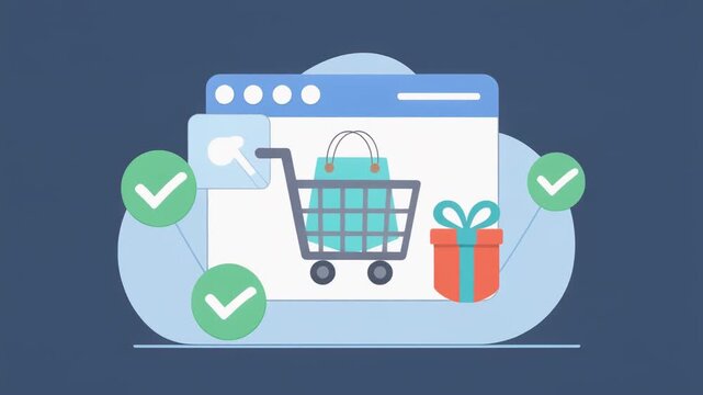 Illustration of an online shopping cart with a gift box and checkmarks on a web browser interface, symbolizing successful e-commerce transactions.