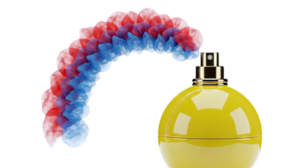 Yellow perfume bottle with red and blue mist spray effect