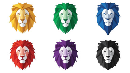 Set of Geometric Lion Heads in Vibrant Colors, Polygonal Style