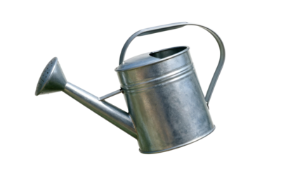 A sleek metal watering can on a transparent backdrop, representing the essence of spring gardening activities