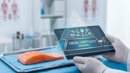 A scientist uses digital technology to study fresh salmon, examining the nutritional value. The scene showcases innovation in food science.