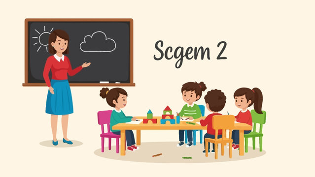 Teacher and children at kindergarten playing with blocks near blackboard