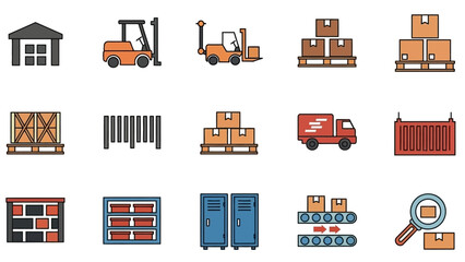 Warehouse Logistics Icons: Forklift, Truck, Boxes, Pallets, Shipping Container © @_ greta