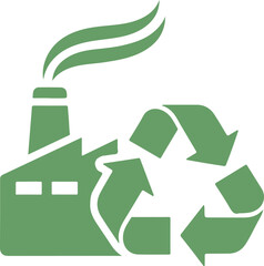 A green silhouette of an industrial factory with a smoking chimney paired with a large universal recycling symbol, representing industrial waste management and eco-friendly production.