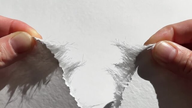 Hands Tearing Paper on White Background