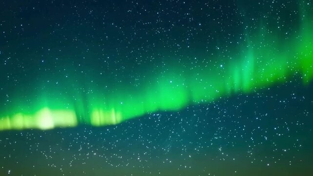 Green Aurora Borealis Curtain. Bright green northern lights waving across a starry night sky in a majestic polar atmosphere loop.