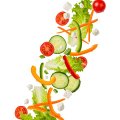 Fresh mixed vegetable salad ingredients falling in air against white background
