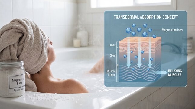 A woman soaks in a warm, relaxing bath, the image depicting transdermal absorption of magnesium salts, providing a sense of relaxation and wellness.