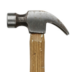 Close up of a well used claw hammer with a wooden handle against a dark isolated background