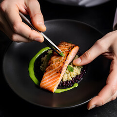 Chef Meticulously Garnishing a Gourmet Salmon Dish