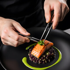 Chef Meticulously Garnishing a Gourmet Salmon Dish